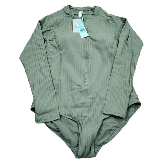 Sea Level Vesper Long Sleeve One Piece Ribbed Zip Swimsuit Size 12 Sage Green - Picture 2 of 12